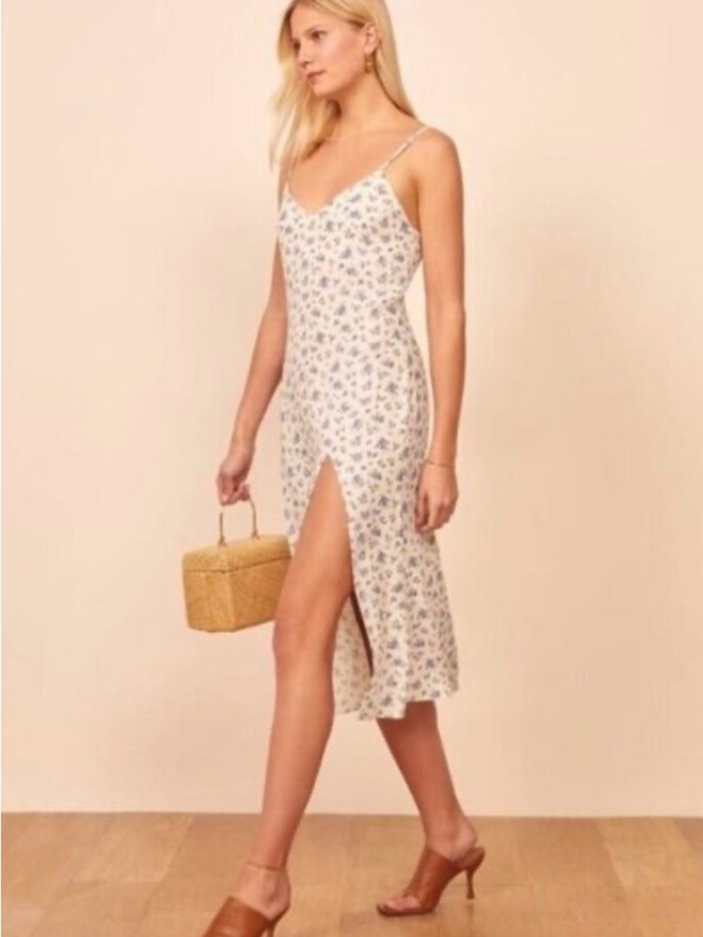 Reformation Crimini Blue and White Floral  Midi Dress with Side Slit - Picture 4 of 12